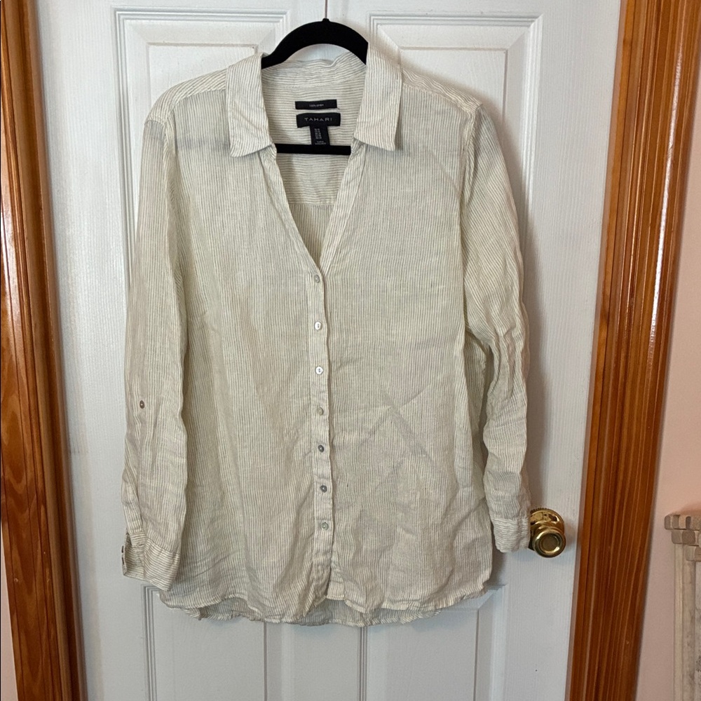 Tahari Light Cream and olive striped Button-Down Shirt